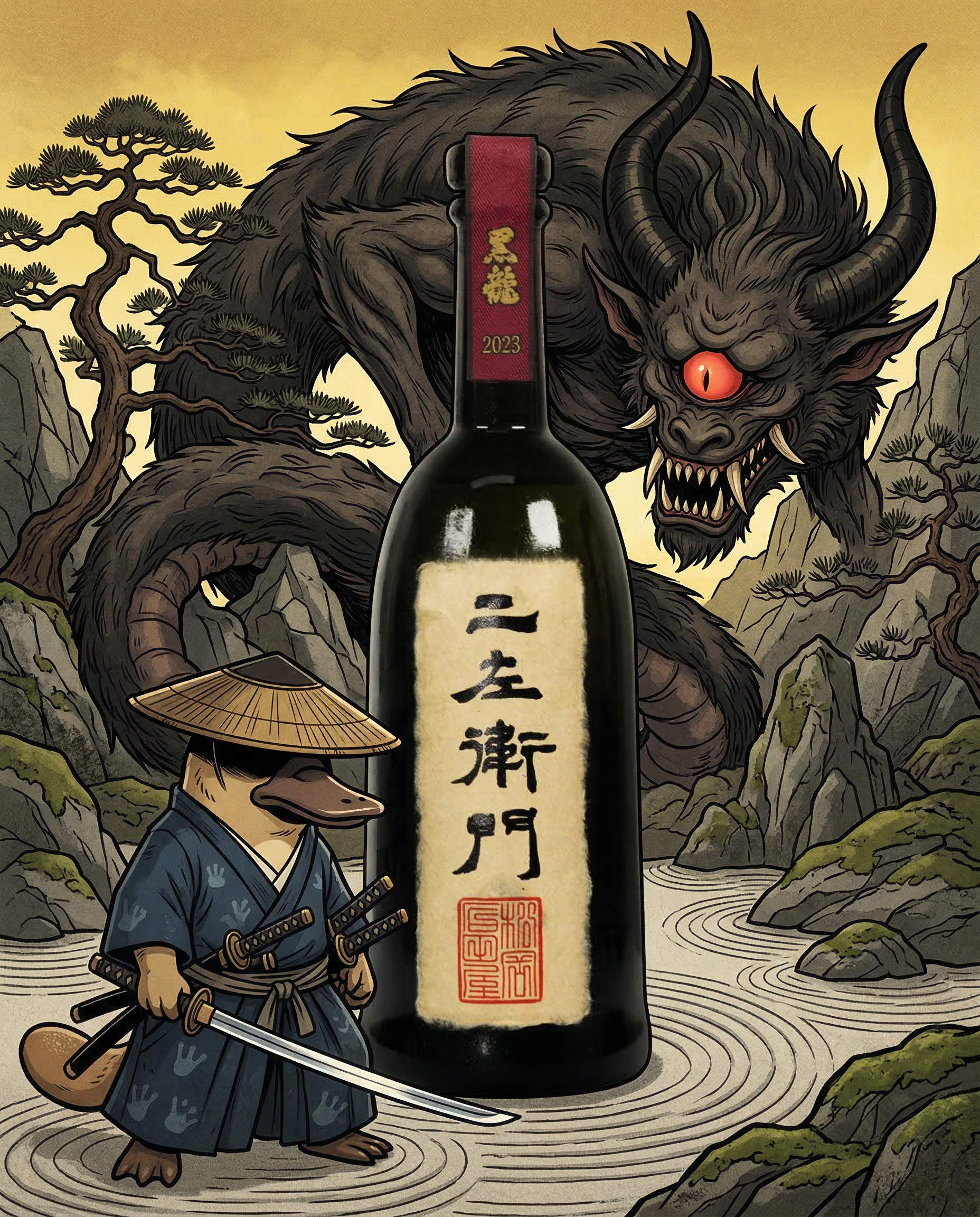 Loboz the platypus featured in a traditional Ukiyo-e style artwork with Kokuryu Nizaemon sake, representing the unique brand storytelling of Love My Booze.