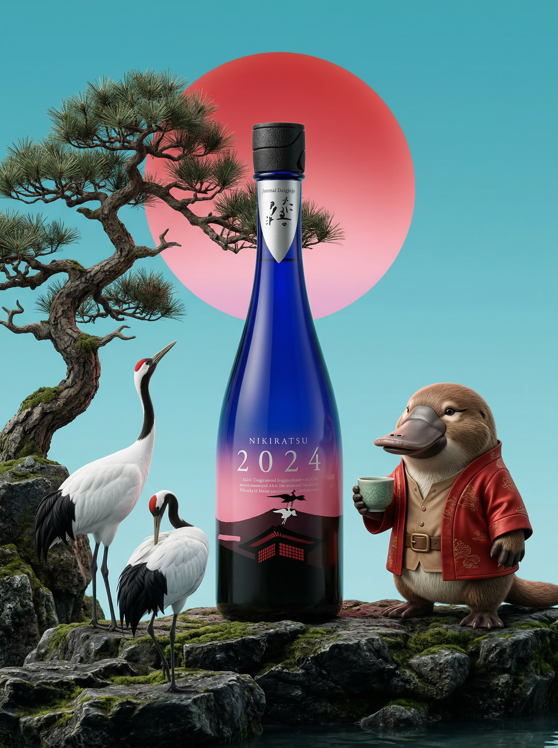 Enchanting conceptual photography featuring Loboz the platypus and two red-crowned cranes with a bottle of Nikitatsu 2024, blending dreamy Japanese symbolism with Love My Booze brand identity