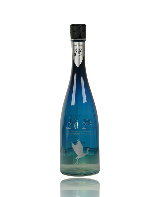 Front view of the new Nikitatsu 2025 Junmai Daiginjo 720ml limited release bottle on a clean white background, premium 35% polished sake available at Love My Booze Australia.