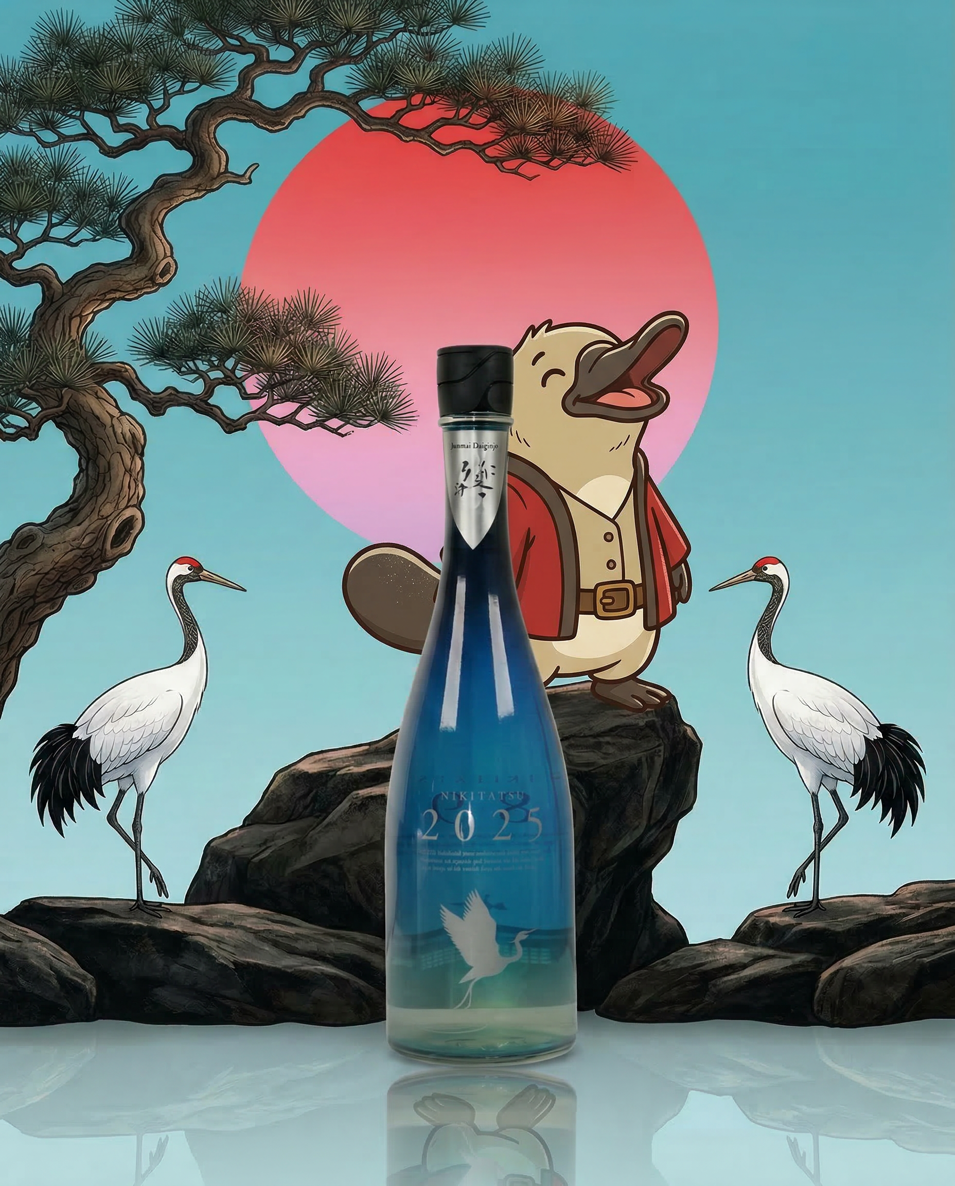 Enchanting conceptual photography featuring Loboz the platypus and two red-crowned cranes with a bottle of Nikitatsu 2025, blending dreamy Japanese symbolism with Love My Booze brand identity.