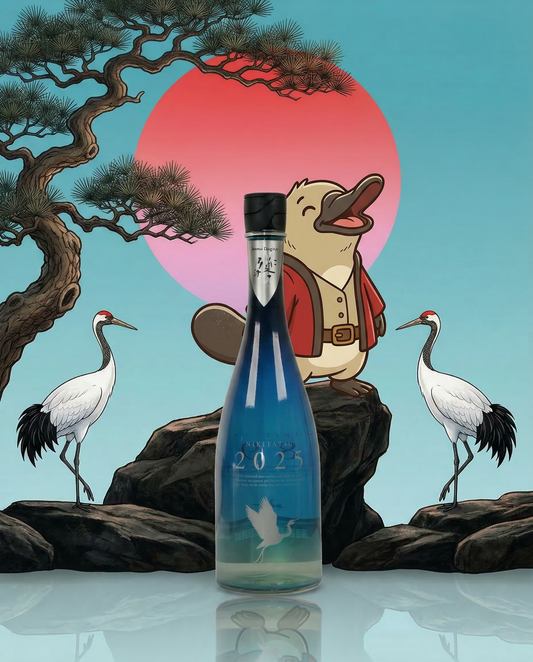 Enchanting conceptual photography featuring Loboz the platypus and two red-crowned cranes with a bottle of Nikitatsu 2025, blending dreamy Japanese symbolism with Love My Booze brand identity.
