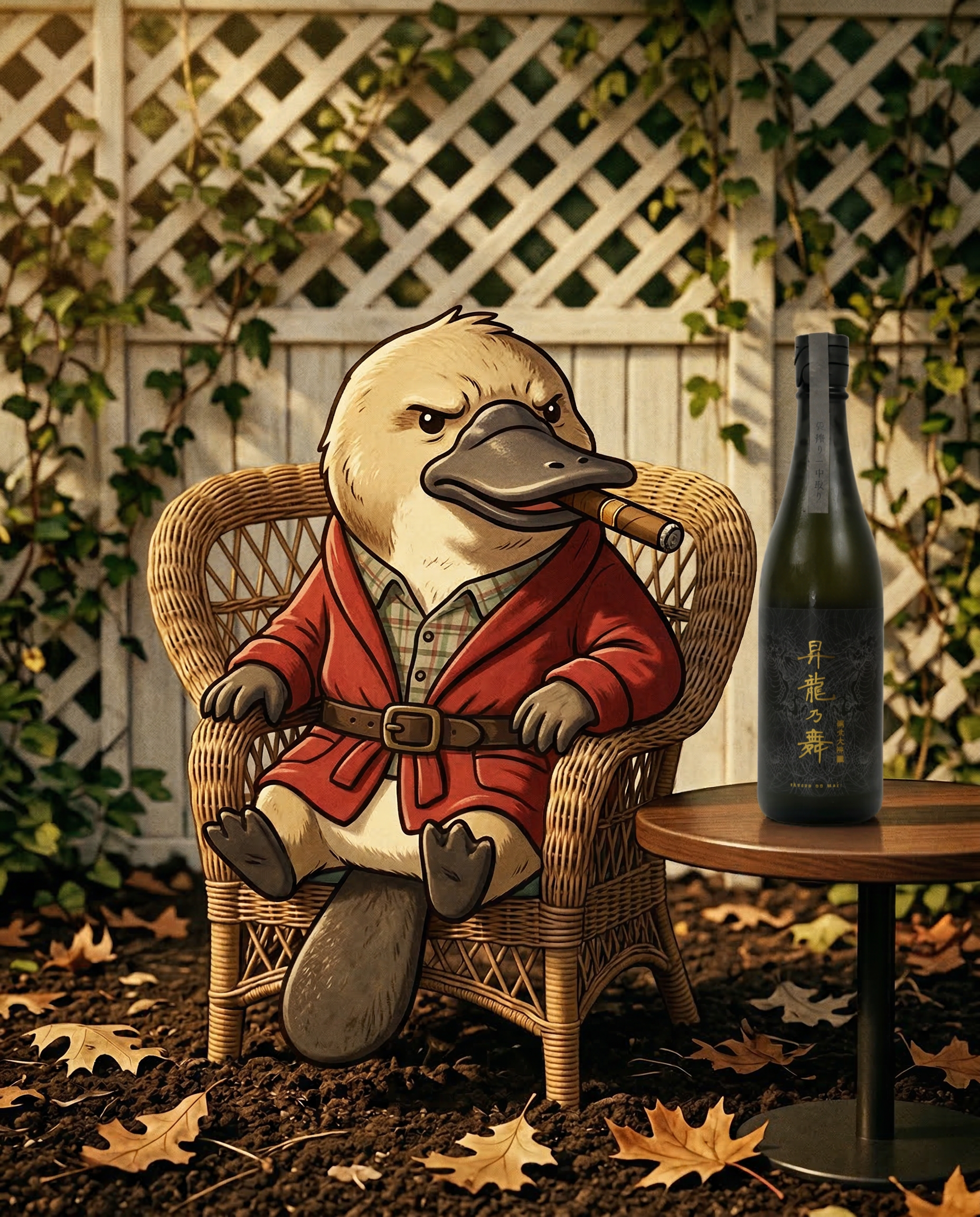 Cinematic lifestyle photography of Loboz the platypus with Shoryu No Mai sake, featuring dramatic lighting and a movie-like atmosphere that blends the "Rising Dragon" theme with Love My Booze brand identity.
