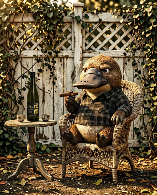 Loboz the platypus enjoying a peaceful evening in a warm, cozy home setting with a bottle of The Fukura, reflecting the comfort and joy of the brand for Love My Booze.